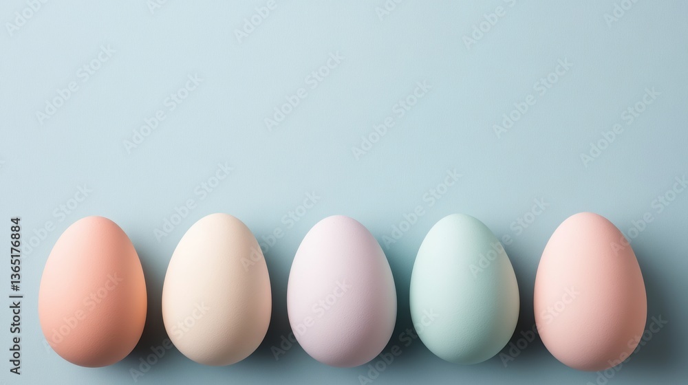 Soft pastel colored eggs arranged in a row on a light blue background showcasing springtime decor for festive celebrations Soft pastel colored eggs arranged in a row on a light blue background showcasing springtime decor for festive celebrations