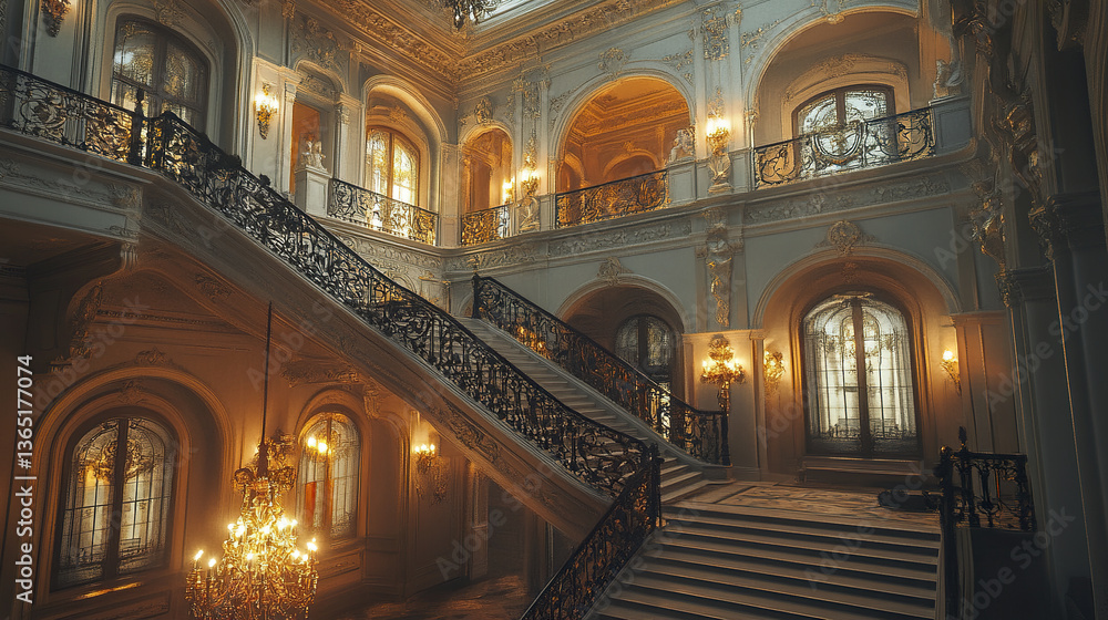 Fototapeta premium Elegant grand staircase in classical mansion with ornate details