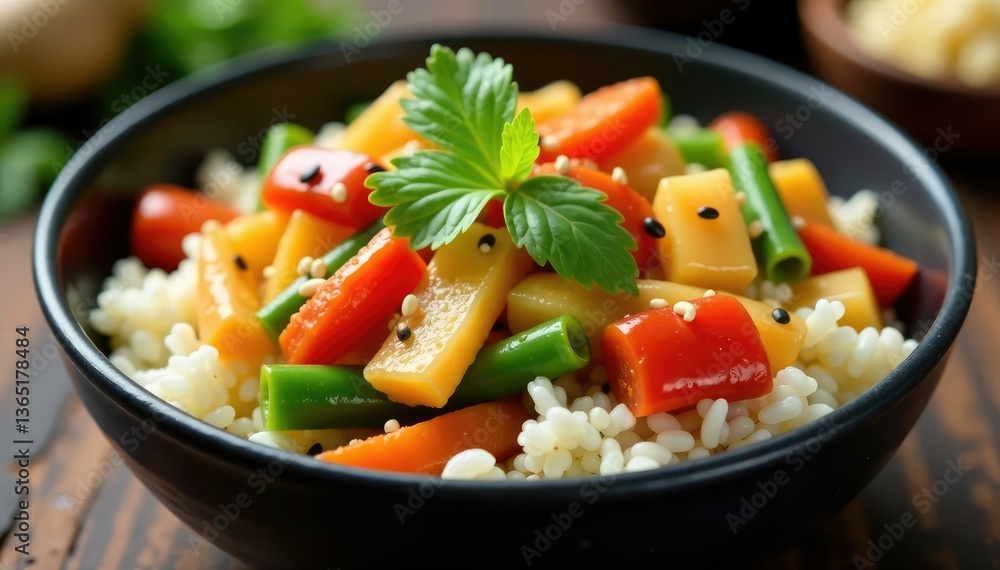 Close-up of stir-fried vegetables with rice, ginger, sesame seeds, dinner, healthy, stir-fry Close-up of stir-fried vegetables with rice, ginger, sesame seeds, dinner, healthy, stir-fry