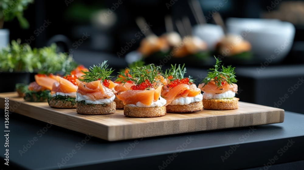 A beautifully arranged platter featuring assorted appetizers with smoked salmon, creamy toppings, and fresh herbs, perfect for a sophisticated gathering or event. A beautifully arranged platter featuring assorted appetizers with smoked salmon, creamy toppings, and fresh herbs, perfect for a sophisticated gathering or event.