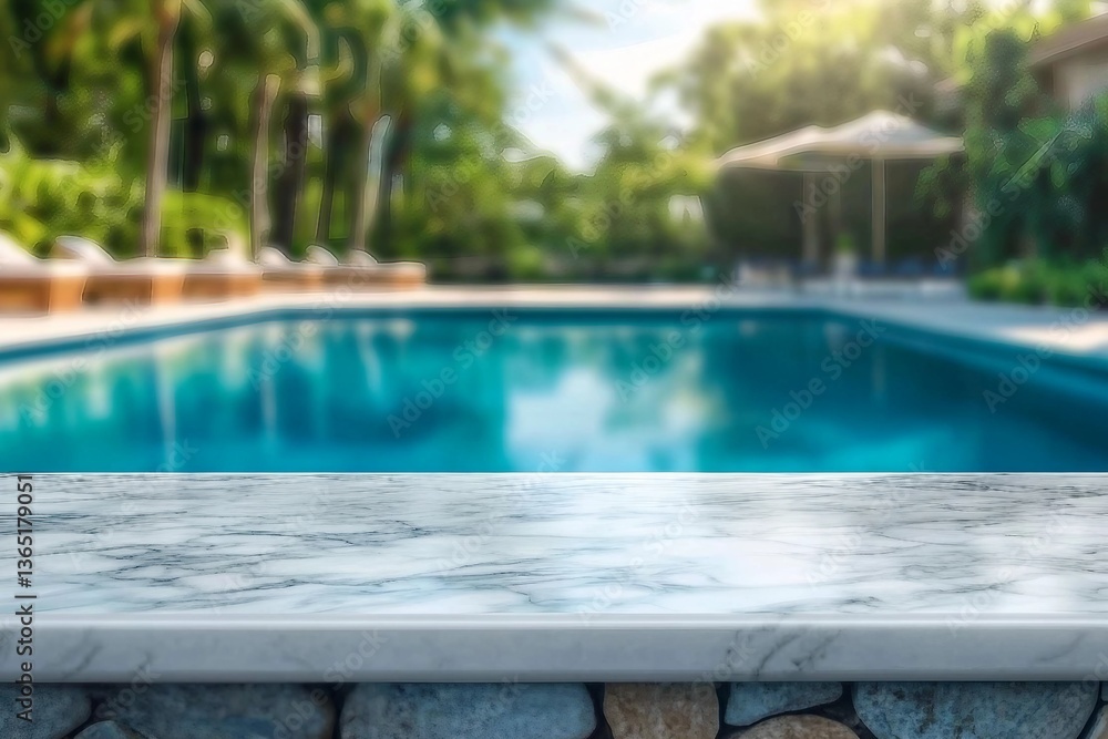 Fototapeta premium white marble top with blurred empty Swimming pool background can be used for mocking up or display product to make advertising.