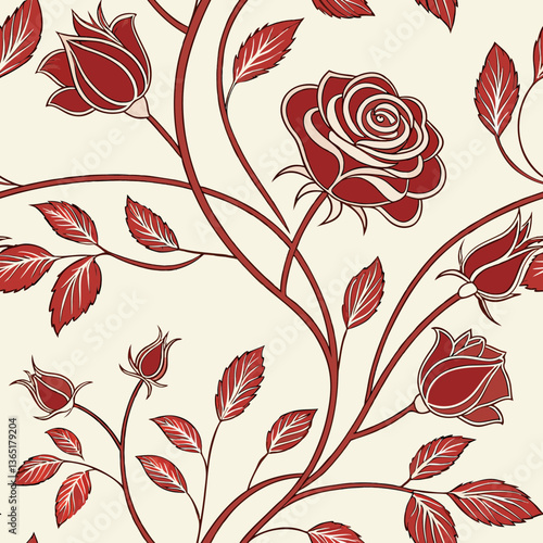 Art Nouveau Rose Pattern – Red Floral Seamless Design with Buds