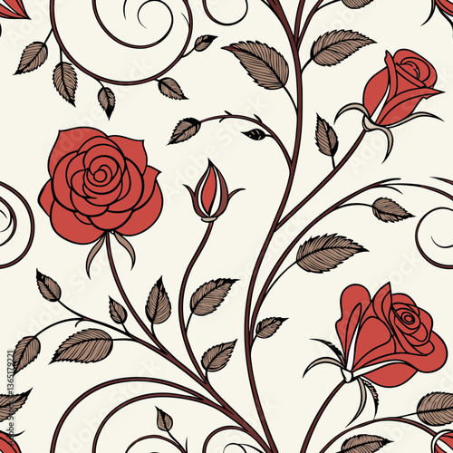 Seamless Vintage Floral Pattern with Red Roses – Art Nouveau Style Vector