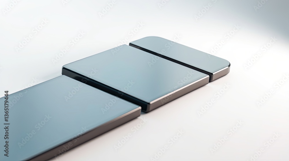 Three sleek glass or screen rectangles aligned on white surface Three sleek glass or screen rectangles aligned on white surface