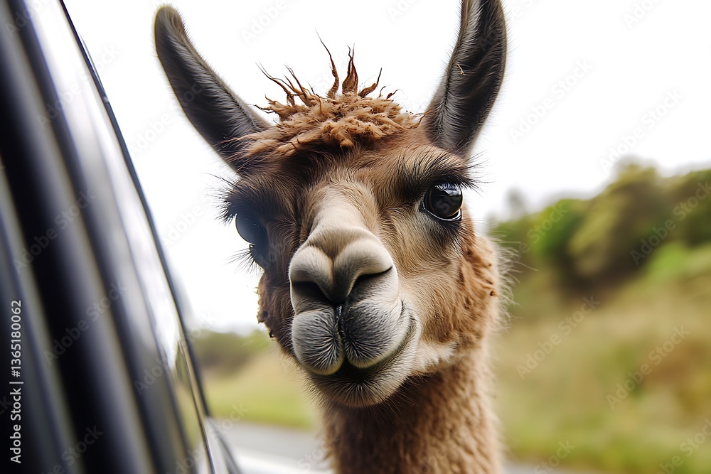 Fototapeta premium llama standing near car