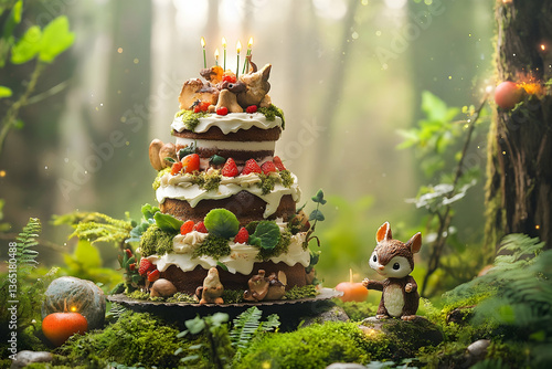 Enchanted Forest Birthday Cake Celebration with a Squirrel Figurine photo