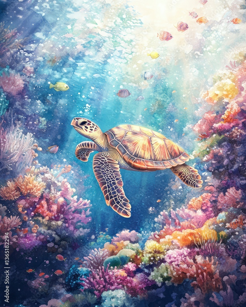 Serene Sea Turtle in Vibrant Coral Reef Serene Sea Turtle in Vibrant Coral Reef