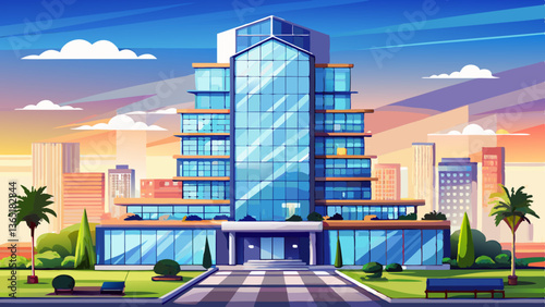 A sleek, high-rise residential building with a glass exterior, rooftop amenities, and a modern design