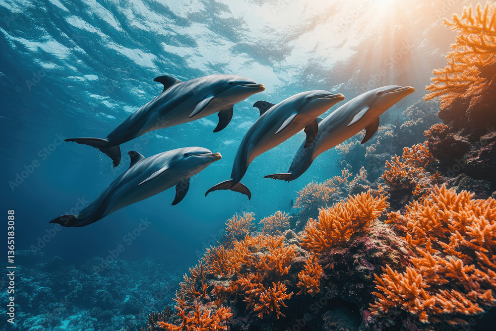 Fototapeta premium Four dolphins gracefully swim above a vibrant coral reef in a sunlit ocean.