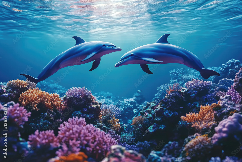 Fototapeta premium Two dolphins gracefully swim above a vibrant coral reef, a scene of underwater beauty and harmony.