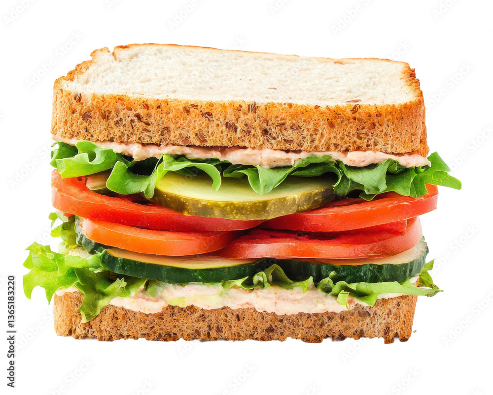 Fresh vegetarian sandwich with lettuce, tomato, and pickles on whole grain bread, cut out Fresh vegetarian sandwich with lettuce, tomato, and pickles on whole grain bread, cut out
