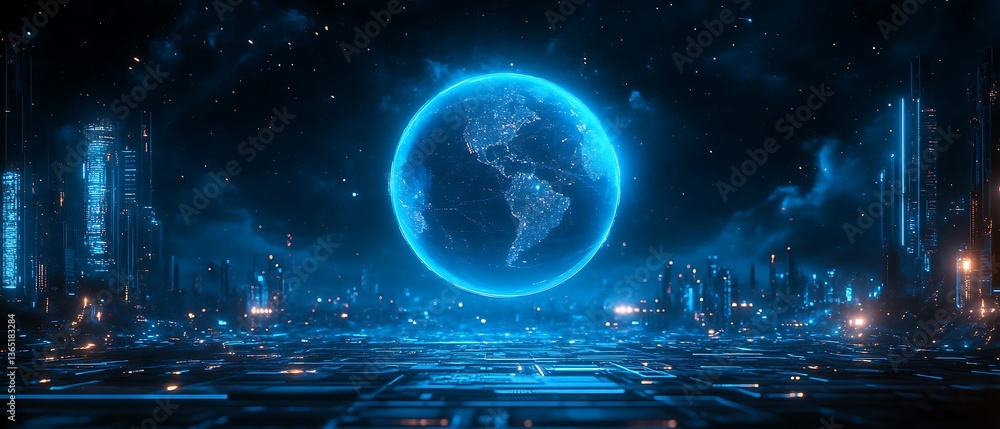 Obraz premium Futuristic cityscape with a glowing translucent earth in the center
