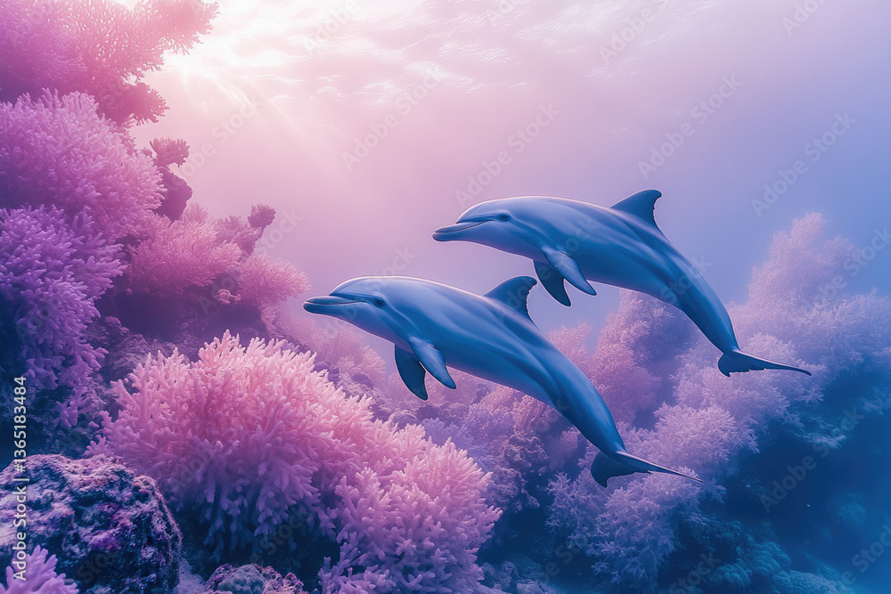 Obraz premium Two dolphins gracefully swim through vibrant pink coral reefs in a sunlit ocean.