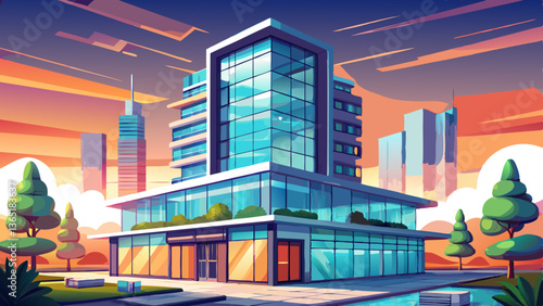 A sleek, high-rise residential building with a glass exterior, rooftop amenities, and a modern design