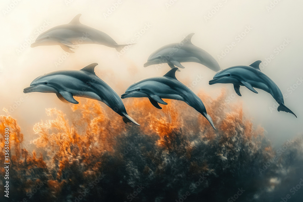 Obraz premium A pod of dolphins gracefully swims through sunlit ocean waters, over a bed of vibrant orange seaweed.