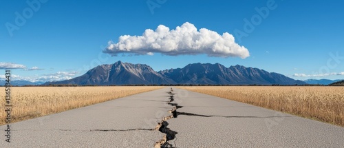 A cracked asphalt road leads to a mountain range under a cloudy sky.