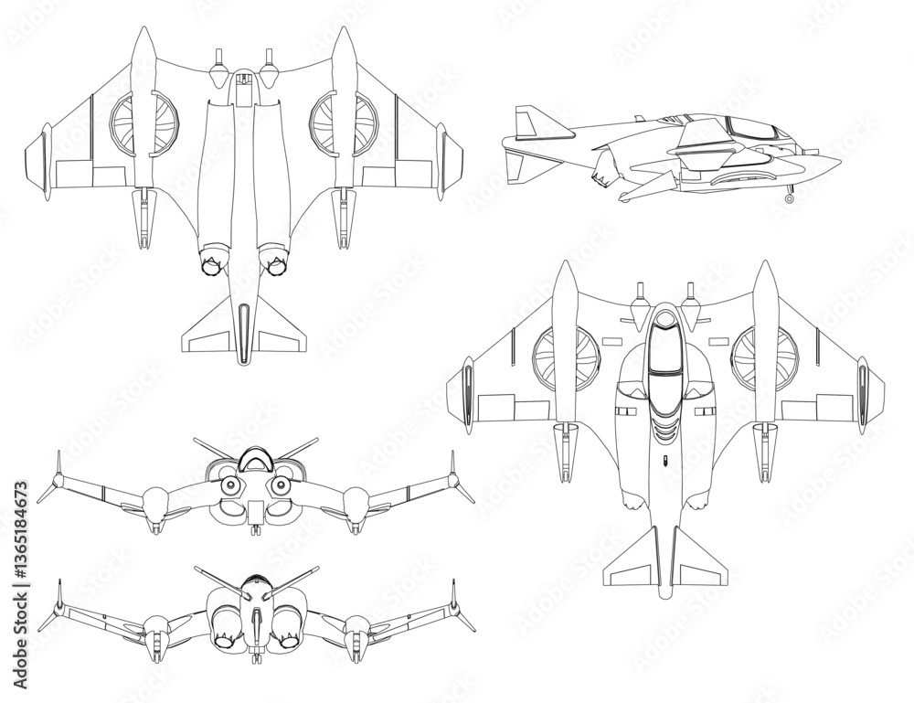 Fototapeta premium A drawing of a Combat fighter with a wing on the side. The plane is shown in different angles