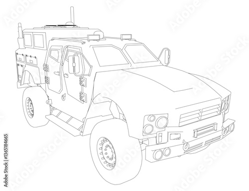 A large, black military truck with a white stripe on the side. The truck is parked on a white background