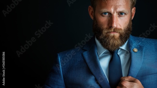 A determined man in a bright blue suit jacket displays assertiveness as he adjusts his jacket, focusing on his strong presence and well-groomed beard in a dramatic light.