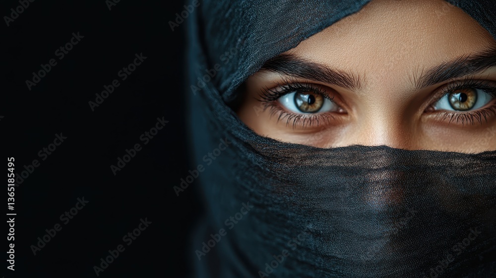 This striking image captures a close-up of a woman's eyes subtly framed by a black veil, evoking feelings of mystery, beauty, and a cultural connection. This striking image captures a close-up of a woman's eyes subtly framed by a black veil, evoking feelings of mystery, beauty, and a cultural connection.