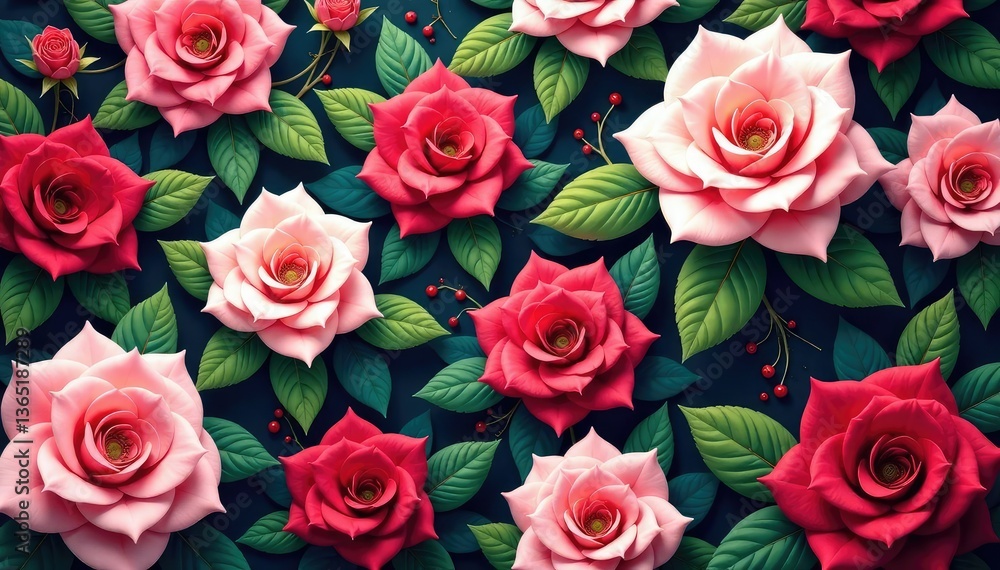 Naklejka premium Intricate repeating rose pattern, lush blooms & leaves , floral repeat, classic