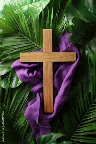 Wooden Cross on Purple Fabric Amidst Lush Greenery