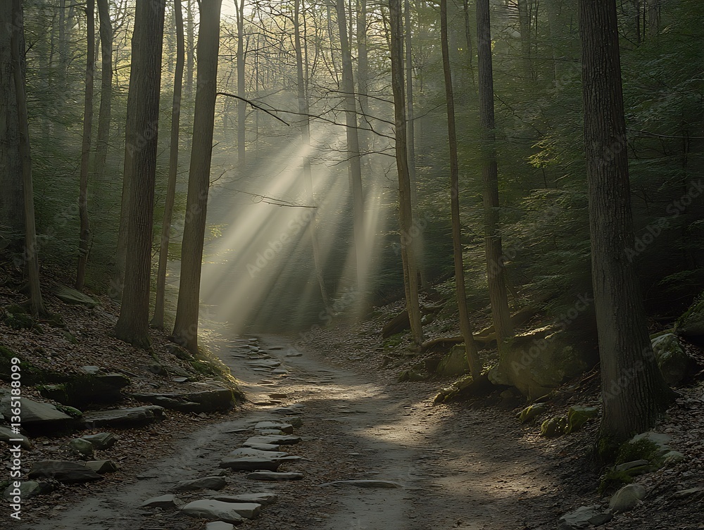 Obraz premium Sunlight streams through tall trees on a peaceful forest path