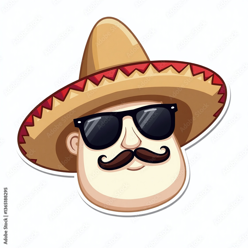 Colorful illustration of a Mexican man with a mustache, wearing a traditional sombrero and sunglasses in sticker style on a white background. Colorful illustration of a Mexican man with a mustache, wearing a traditional sombrero and sunglasses in sticker style on a white background.