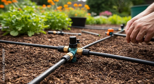 Wallpaper Mural Hands carefully install efficient drip irrigation system in rich brown soil vibrant garden setting.. AI Generated Torontodigital.ca