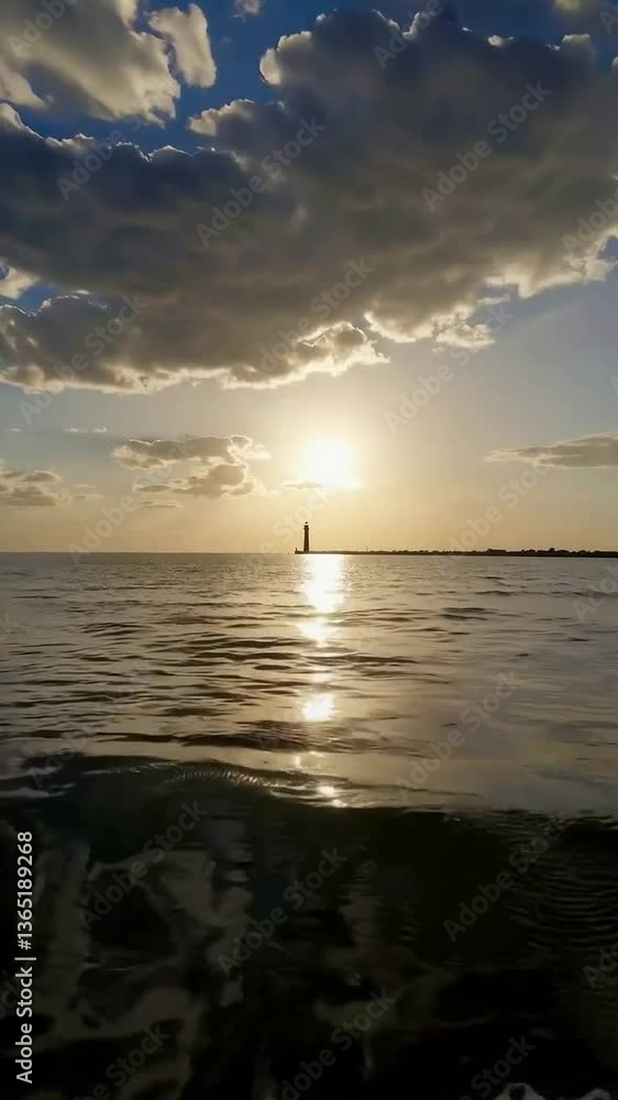 Tranquil ocean sunset with silhouetted lighthouse and reflective waves Tranquil ocean sunset with silhouetted lighthouse and reflective waves