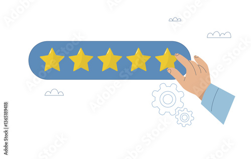 Businessman hand holding star to give 5 stars for top quality review and good credit, Five star rating evaluation ranking, Flat vector illustration.