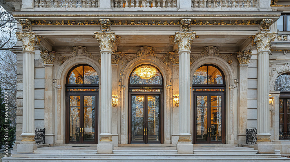 Obraz premium Elegant Beaux Arts facade with ornate columns and chandeliers
