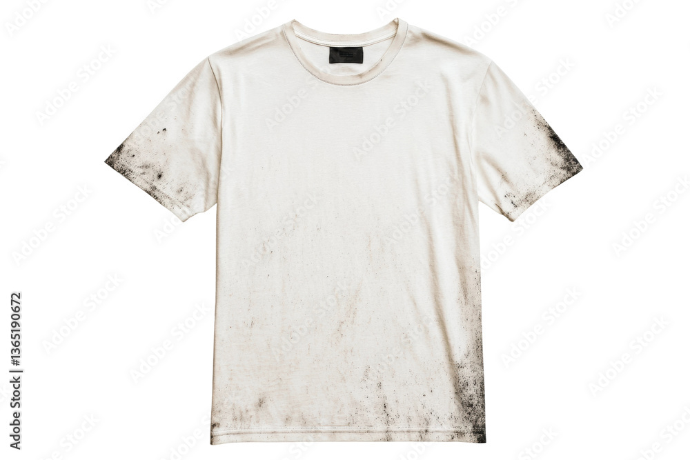 White t-shirt with black stains and textured fabric design, cut out