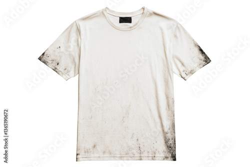 White t-shirt with black stains and textured fabric design, cut out
