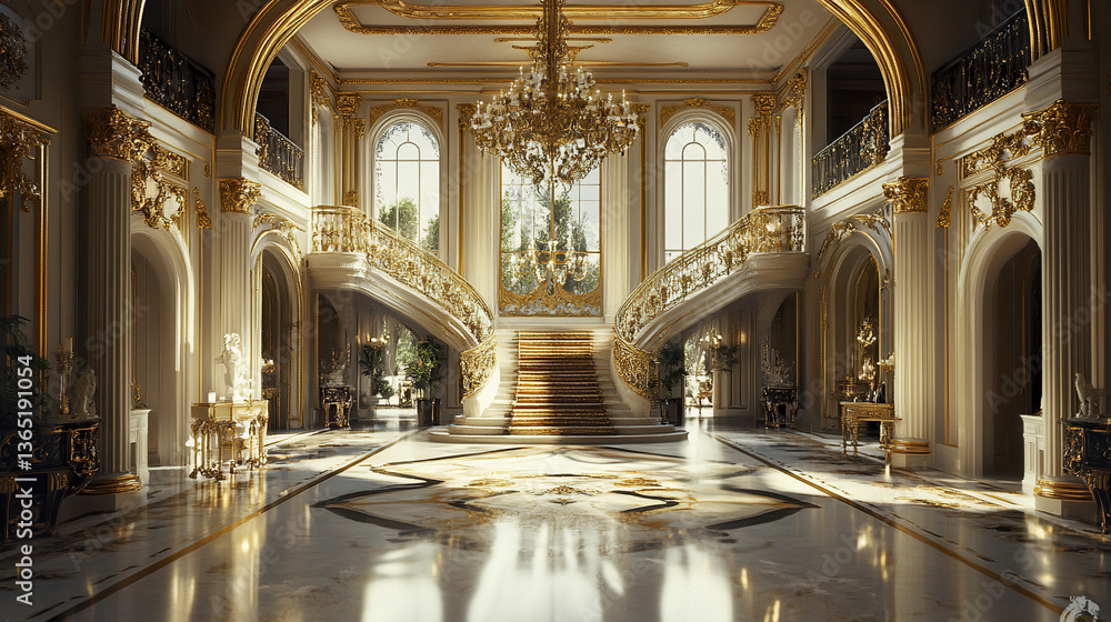 Fototapeta premium Luxurious grand foyer with gold accents and elegant staircase