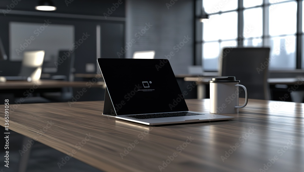 A sleek, modern office desk with an open laptop and coffee mug on it, with a blurred background of other desks in the room, creating a sense of professional environment. A sleek, modern office desk with an open laptop and coffee mug on it, with a blurred background of other desks in the room, creating a sense of professional environment.
