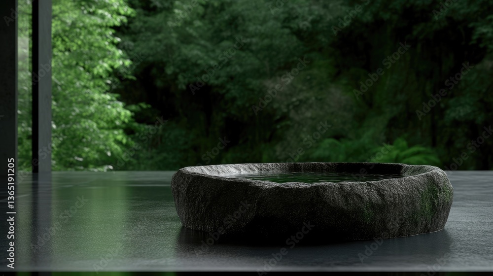 Stone basin with water, tranquil forest view Stone basin with water, tranquil forest view