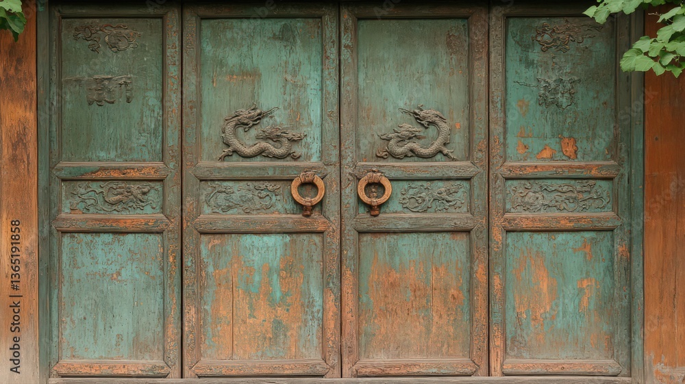 Weathered Teal and Orange Metal Double Doors with Intricate Carvings Weathered Teal and Orange Metal Double Doors with Intricate Carvings