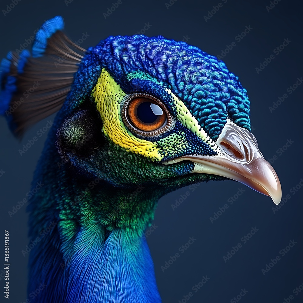 Obraz premium Peacock head portrait, studio shot, dark background, wildlife photography