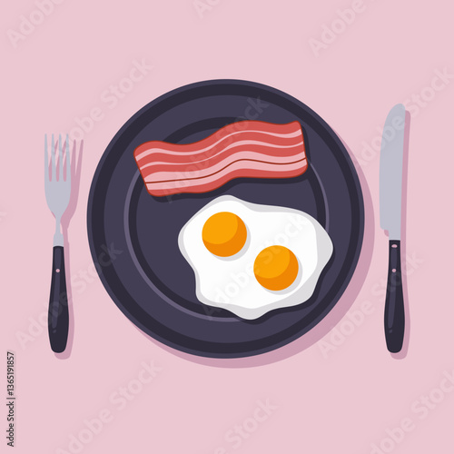 Cartoon Bacon and Eggs Breakfast Plate Illustration
