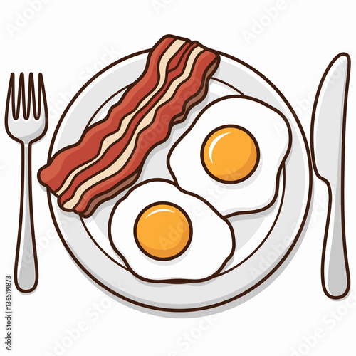 Cartoon Bacon and Eggs Breakfast Plate Illustration