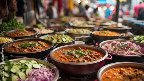 A vibrant display of various stews and dishes in large metal pots at a bustling food market.