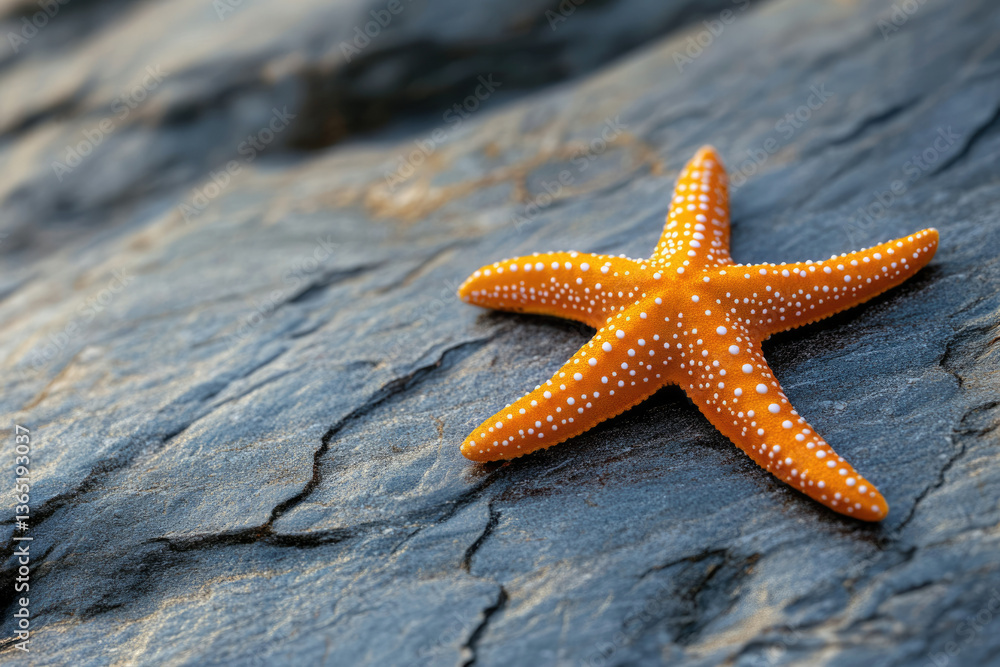 Orange starfish with white spots rests on a dark gray rocky surface. Orange starfish with white spots rests on a dark gray rocky surface.