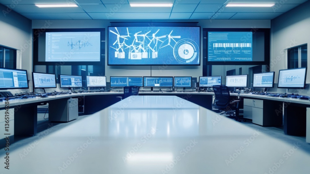 An AI driven renewable energy monitoring center, smart grids optimizing wind and solar power distribution, Sustainable tech style An AI driven renewable energy monitoring center, smart grids optimizing wind and solar power distribution, Sustainable tech style