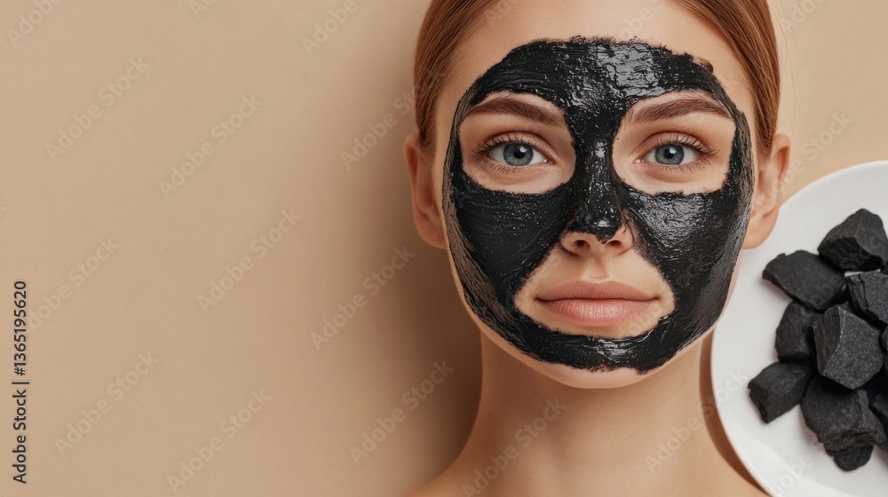 Woman with a glossy black charcoal face mask, holding a white plate of charcoal rocks, promoting detox and deep pore cleansing. Woman with a glossy black charcoal face mask, holding a white plate of charcoal rocks, promoting detox and deep pore cleansing.