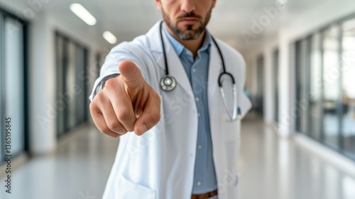 A doctor points directly at the viewer with a determined expression, emphasizing seriousness in healthcare, conveying urgency and the importance of proper medical guidance.