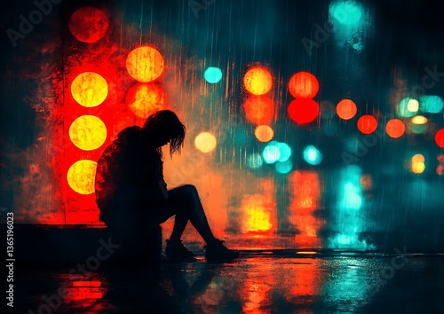 A solitary person sits in the rain beside city lights
