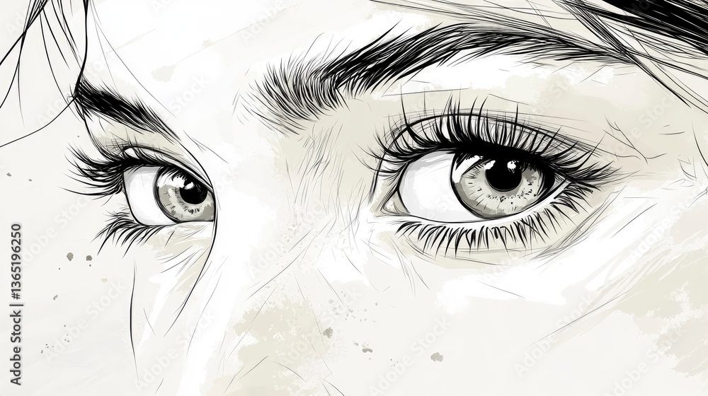 Fototapeta premium Close-up illustration of expressive human eyes conveying emotion, with soft background textures enhancing focus
