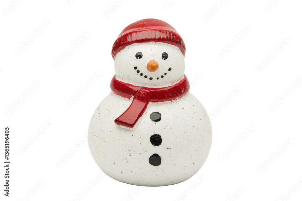 Festive snowman figurine with red scarf and hat on white background, cut out Festive snowman figurine with red scarf and hat on white background, cut out
