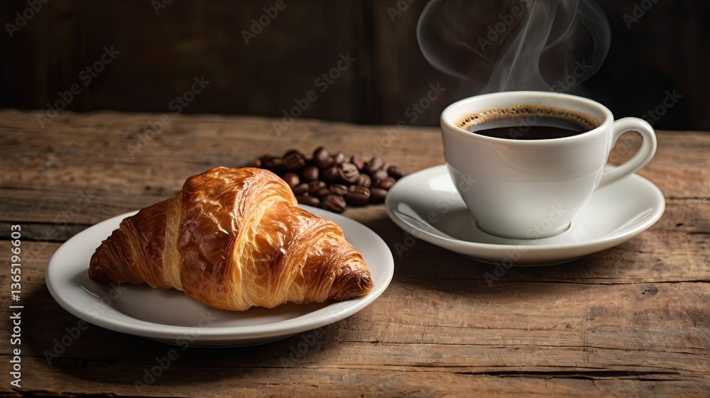 Freshly baked croissant on a rustic wooden table with cup of coffee Freshly baked croissant on a rustic wooden table with cup of coffee